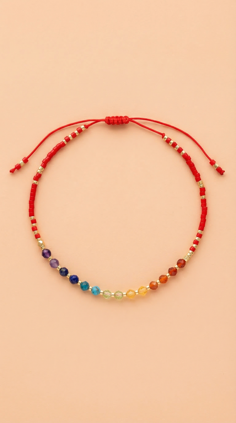 Chakra Rainbow Healing Gemstone Stacking Bracelet, Red